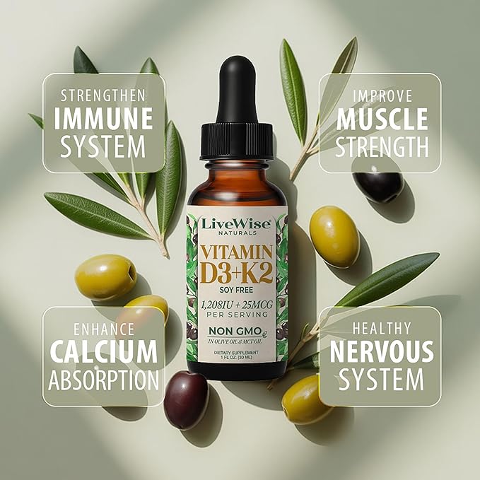 Live Wise Naturals Vitamin D3 K2 Drops for Adults - 930 Drops Ultra Concentrated Formulation Fast Absorption 1208 IU Vitamin D3 25 MCG (MK-7) - Micro-Dosing Dropper for Calcium &amp Bone Support