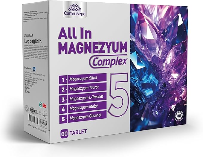 All in Magnezyum Complex 5 – Five Forms of Magnesium (L-Threonate Taurate Citrate Glycinate Malate) - Supports Muscle Function Nerve Support &amp Energy Production – 60 Tablets