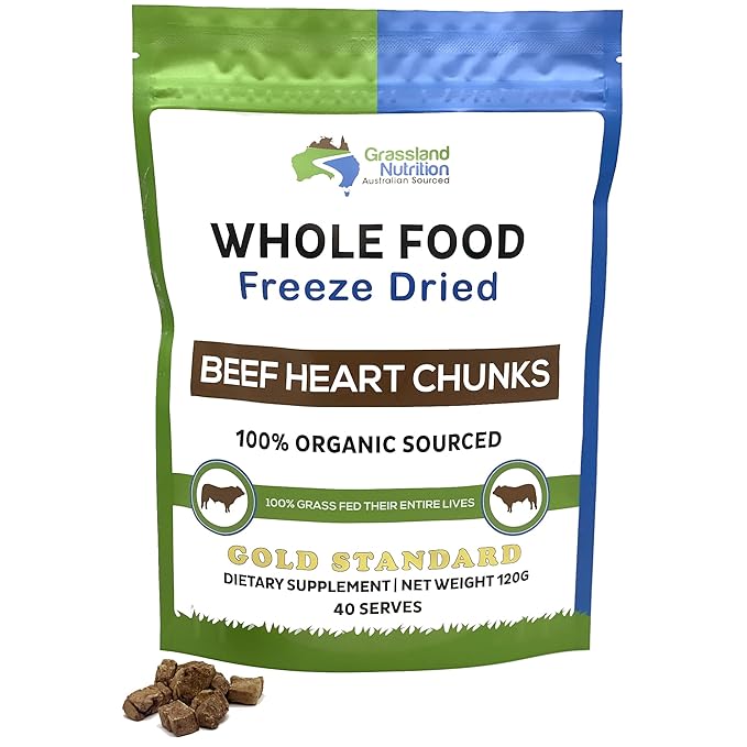 Grassland Nutrition Organic Heart Freeze Dried Chunks — High in Q10 Vitamin B2 B6 and B12 for Energy (120g)