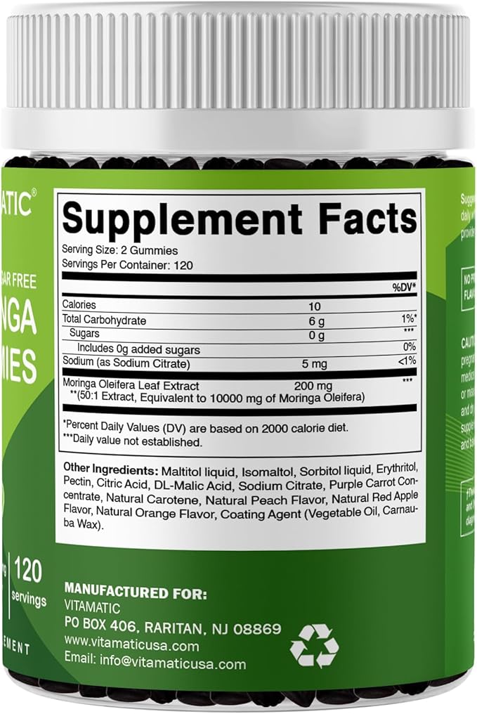 Vitamatic Moringa Gummies – Sugar-Free 50:1 Plant-Based Extract – Green Superfood – Pectin-Based Vegan Non-GMO – 240 Gummies