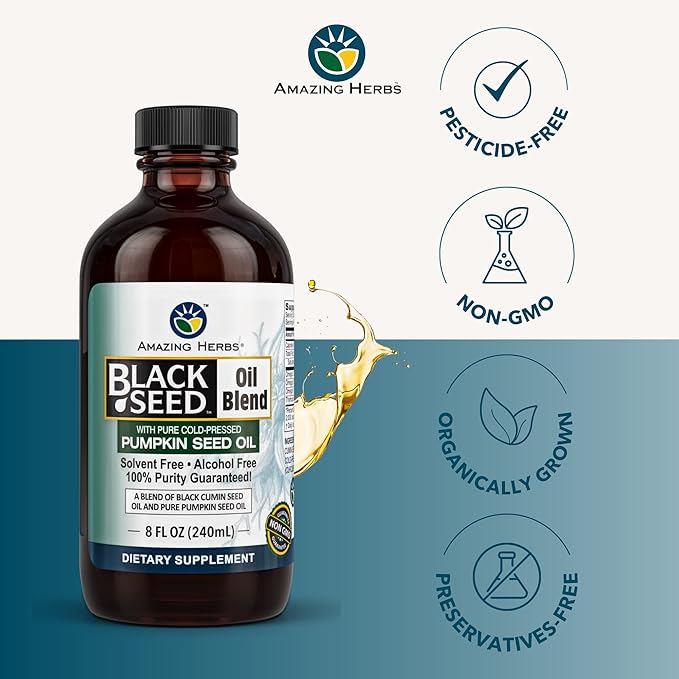 Amazing Herbs Black Seed and Pumpkin Seed Cold-Pressed Oil Blend - Gluten-Free No Preservatives High in Omega 3 6 &amp 9 Improves Immune Respones &amp Promotes Digestive Health - 8 Fl Oz