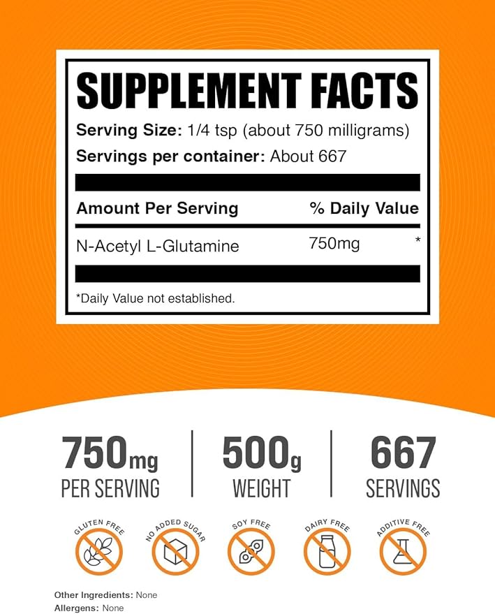 BulkSupplements.com N-Acetyl L-Glutamine Powder - Glutamine Supplement L Glutamine Powder - Gut Health &amp Recovery Glutamine 750mg - Gluten Free 750mg per Serving 500g (1.1 lbs)