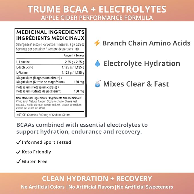 TruMe BCAA Powder with Electrolytes - Sugar Free Amino Acids Supplement - Apple Cider - Informed Sport Certified Post Workout Recovery - 30 Servings