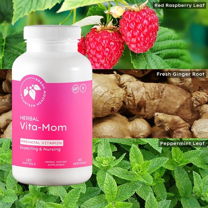 Mountain Meadow Herbal Vita-MOM Prenatal Vitamins – Herbal Supplement for Women with 5-MTHF Folate Iron Multivitamins &amp Organic Herbs – 120 Softgels (2-Month Supply)