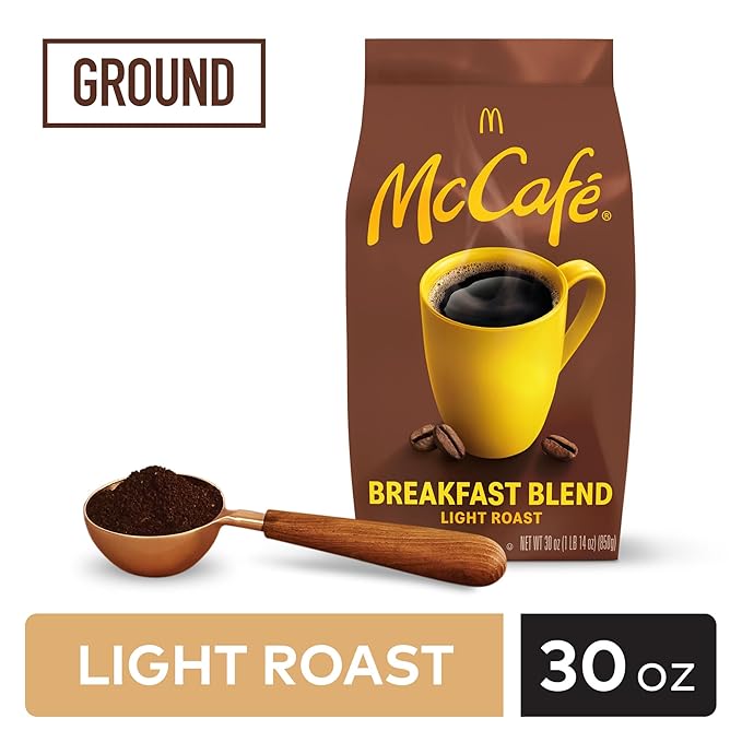 McCafe Breakfast Blend Ground Coffee Light Roast Citrus Flavor Notes Premium Quality Responsibly Sourced Kosher Certified 30oz. Bag