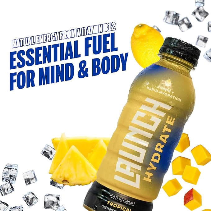 Sports Drink: Tropical Flavor - 16.9 Oz (12 Pack) Energy Drink + Hydration Real Cane Sugar Electrolytes Cognizin for Focus Vitamin B12 Energy Boost L-Glutamine Hydration Formula No Artificial S
