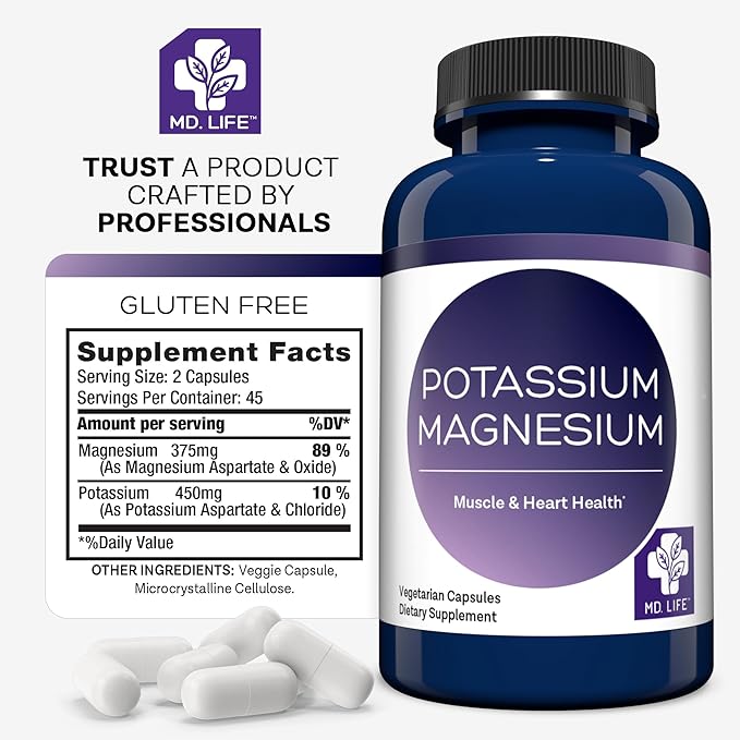 MD. Life Potassium Magnesium Supplement - 90 Capsules - Magnesium Potassium Supplement - High Absorption Complex - Support Vascular Health &amp Leg Cramp