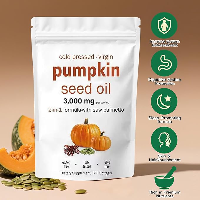 Pumpkin Seed Oil Capsules with Saw Palmetto – 300 Softgels | Cold Pressed Pure Virgin Oil | Supports Hair Urinary Bladder &amp Prostate Health | Non-GMO