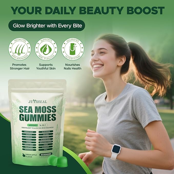 16 in 1 Sea Moss Gummies with Ashwagandha Black Seed Oil Bladder Wrack Turmeric Vitamin C &amp D3 with Manuka Burdock Root Irish Sea Moss Gummies for Women &amp Men Vegan Green Apple 2 Pack