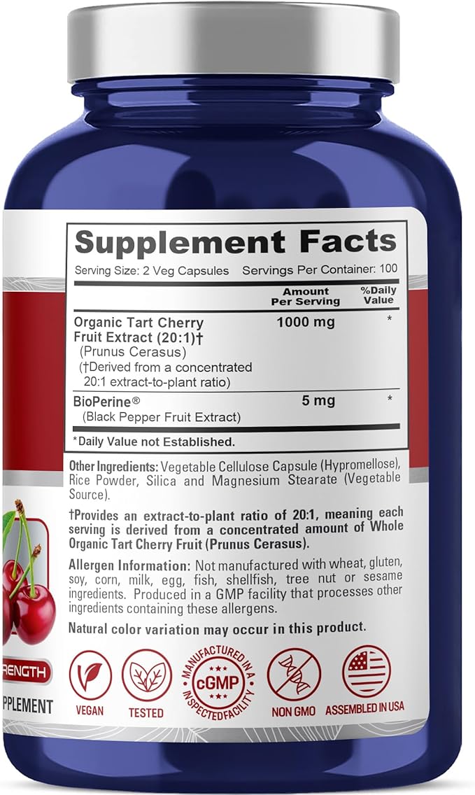 NusaPure Tart Cherry Capsules 1000 mg 200 Veg Capsules (Non-GMO Vegan)