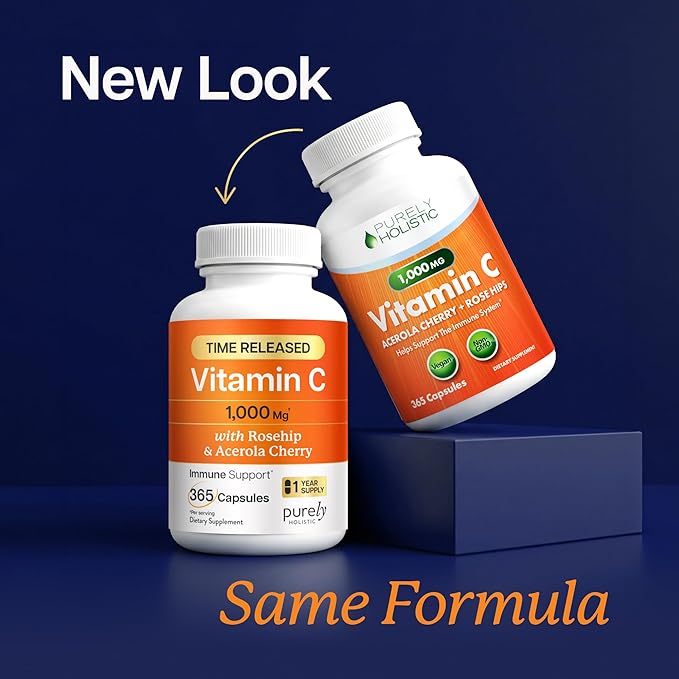 Purely Holistic Vitamin C 1000mg 365 Capsules 12 Month Supply 2 Stage Timed Release with Ascorbic Acid Rosehip &amp Acerola Cherry Bioflavonoid Immune System Support Vegan