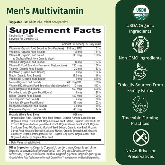 Men’s Multi Once Daily Whole-Food Multivitamin with 19 Vitamins &amp Minerals for Energy Heart Bone Strength Prostate &amp Immune Support Vegan Non-GMO 60 Count