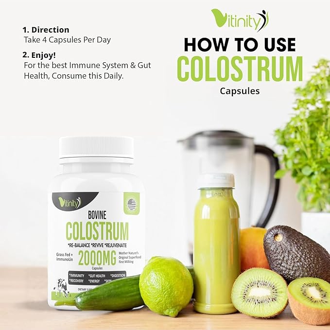 VITINITY Grass Fed Bovine Colostrum Capsules for Humans - Natural IgG Colostrum Supplement for Gut Health Immune Support Muscle Recovery &amp Wellness | Pure Colostrum Superfood Unflavored (120 Co
