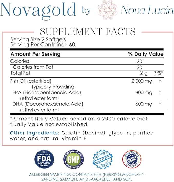 NovaGold Omega 3 Fish Oil – 2000mg High Strength EPA DHA Supplement – Burpless Easy to Swallow Softgels – Supports Heart Brain Joints Immune &amp Skin – Non-GMO – 120 Liquid Capsules