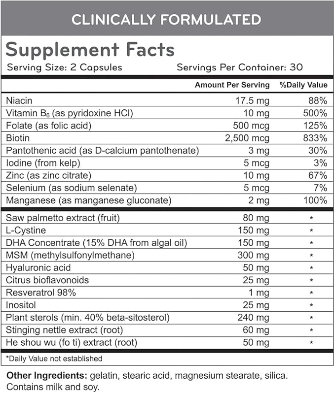 Hairmax Hair Skin and Nails Dietary Supplement – Hair Loss &amp Hair Regrowth Treatment. 2500mcg Biotin DHT Blocker MSM &amp Antioxidants 60 Capsules