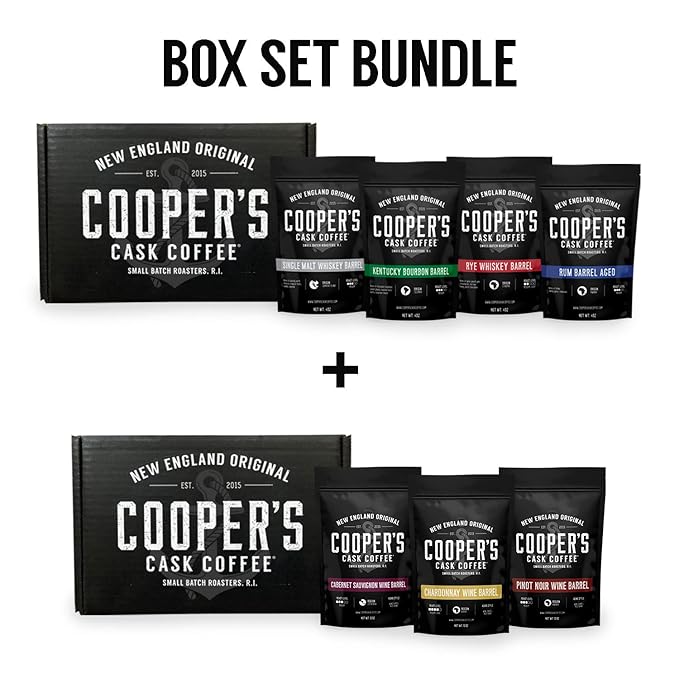 Bourbon Barrel Aged Gift Box Set Whole Bean 16oz and Wine Barrel Aged Box Set Whole Bean 12oz