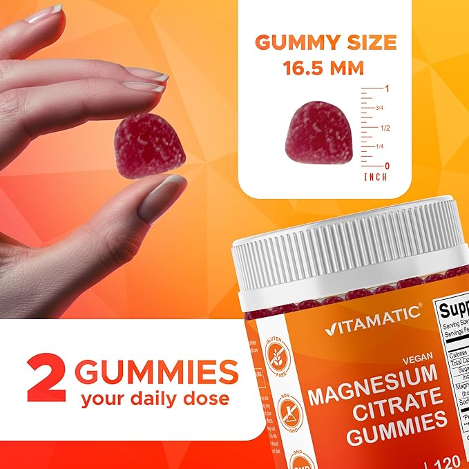 Vitamatic Magnesium Citrate Gummies 600mg per Serving - 240 Vegan Gummies - Natural Raspberry Flavor - High Absorption Magnesium Supplement - Supports Nerve Bone and Muscle Health