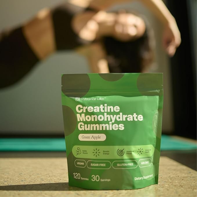 VYBRANCE LABS Creatine Gummies for Women &amp Men — First &amp Only 5g Creatine + Taurine + Vitamin B12 | Vegan Creatine Gummies | Sugar-Free | Sour Green Apple