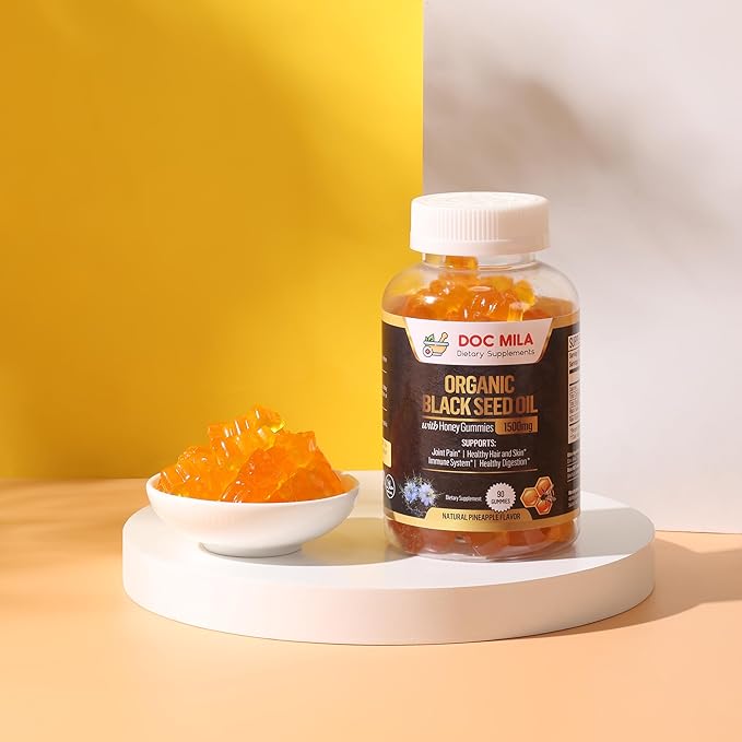 Organic Black Seed Oil Gummies 1500mg - Black Seed Oil Softgels Capsules with Honey Pineapple Flavor - Gluten Free Soy Free &amp Non-GMO