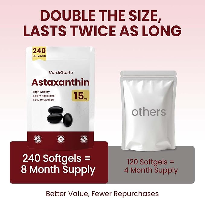 15mg Astaxanthin | 240 Softgels | Astaxanthin Supplements | 8 Month Supply | Antioxidant Support Eye &amp Skin Health | Internal Circulation | Non-GMO Gluten-Free No Soy