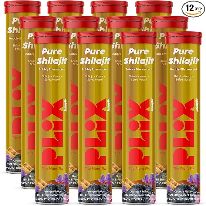 Plix Pure Himalayan Shilajit Effervescent Tablets - 250mg with Safed Musli &amp Saffron | Natural Energy &amp Strength Support | Orange Flavor 180 Tablets