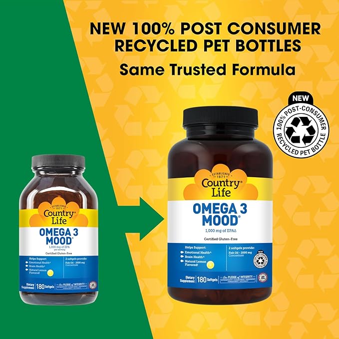 Country Life Omega 3 Fish Oil Supplement - High Concentration EPA and DHA Omega 3 Fatty Acids - 2000mg Fish Oil for Emotional Health Mood Support and No Fish Taste - Natural Lemon Flavor
