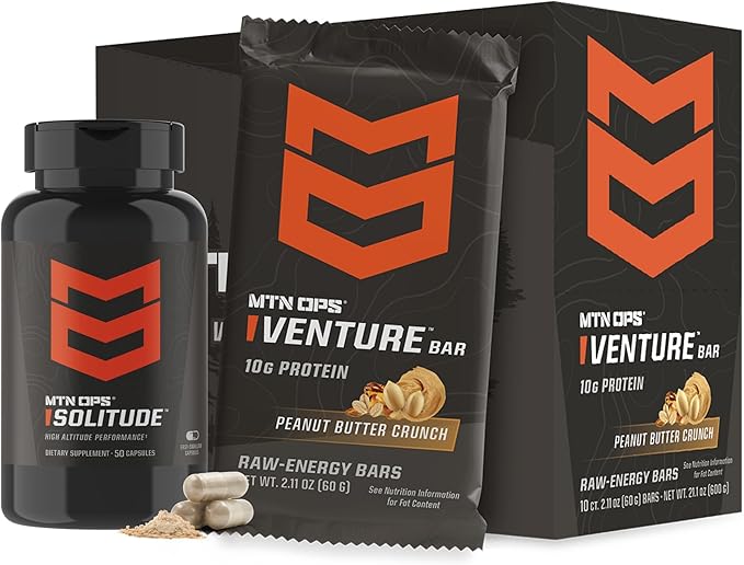 MTN OPS Solitude Altitude Support &amp Venture Bars Peanut Butter Crunch Bundle – Altitude Sickness Support Supplement + Energy Bars for Hiking Trekking Backpacking &amp Mountain Adventures