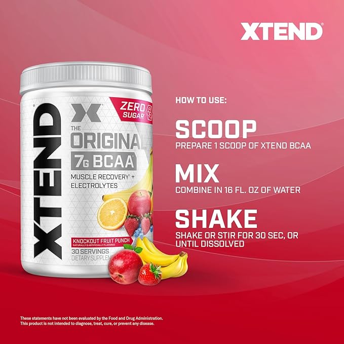 Xtend Original BCAA Powder 7g BCAAs and 2.5g L-Glutamine for Muscle Recovery Hydration and Lean Muscle Sugar Free Intra and Post Workout Drink with Electrolytes Knockout Fruit Punch 30 Servings