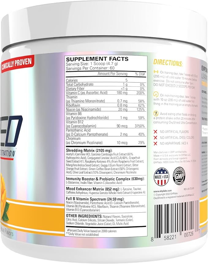 EHP Labs OxyShred Pre Workout Powder - Preworkout Powder with L Glutamine &amp Acetyl L Carnitine Energy Boost Drink - Mango 60 Servings