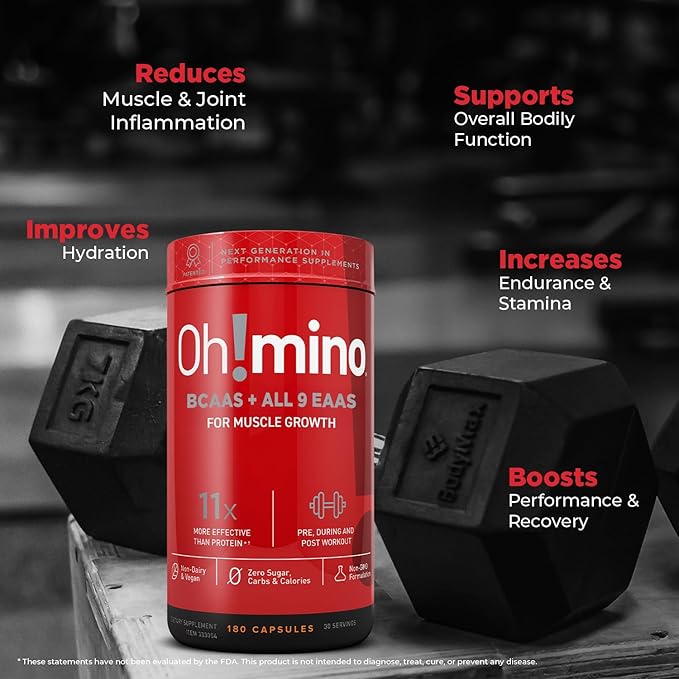Oh!mino Essential Amino Acids Supplement Caffeinated Capsules All 9 EAAs BCAAs The Perfect Amino for Workouts Amino Energy and to Build Muscle and Recover Faster