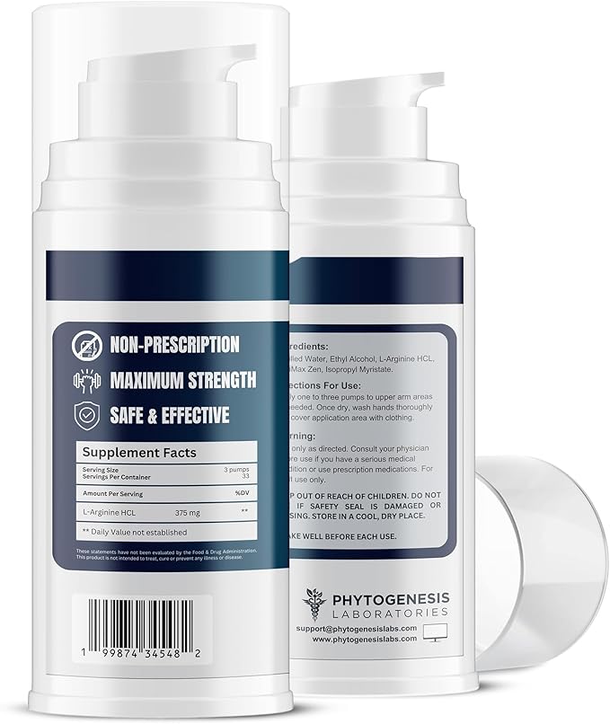 L-Arginine HCL 375mg Gel - Topical Nitric Oxide Support for Circulation &amp Performance - Advanced High Absorption Transdermal Formula - 375mg L-Arginine HCL per Serving