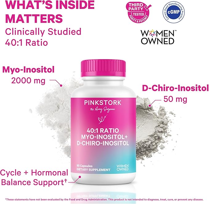 Pink Stork Myo-Inositol &amp D-Chiro Inositol Supplement - Hormonal Balance for Women - Ovarian Support - 40:1 Ratio - Fertility Supplements for Women - 180 Capsules 2 Month Supply