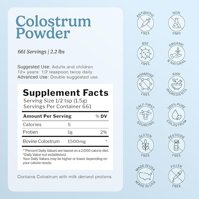 100% Pure Bovine Colostrum Powder (Grass-Fed) | High IgG for Immune Support &amp Gut Health | Anti-Aging | Colostrum Supplement for Adults &amp Kids | 2.2lb | 661 Servings