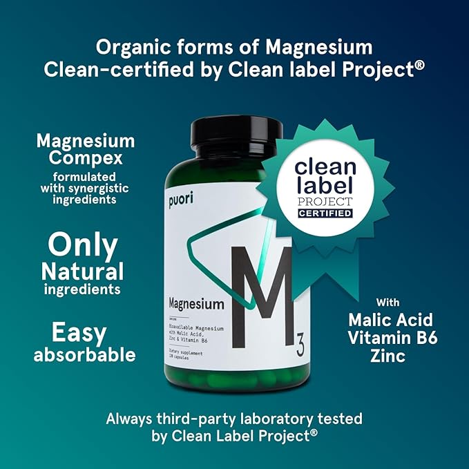 Puori Magnesium Complex Supplement - High Absorption Magnesium Taurinate &amp Gluconate Zinc Vitamin B6 &amp Malic Acid for Sleep Support Immune &amp Bone Health &amp Muscle Recovery - 120 Vega