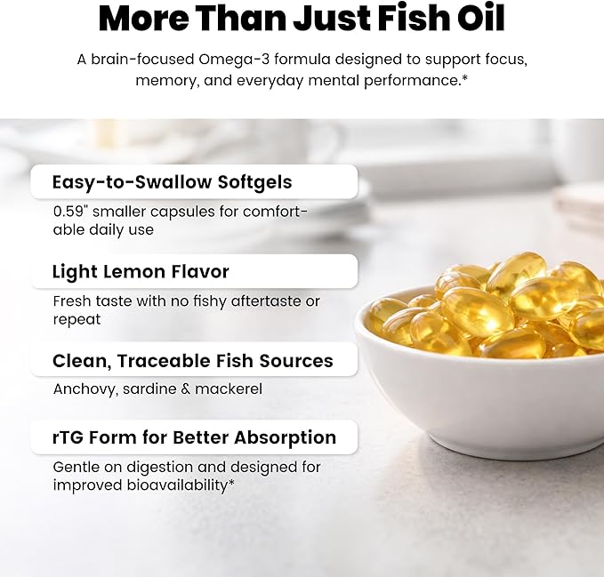 High DHA Omega 3 Fish Oil – 2000 mg Fish Oil Omega 3 Supplements Including 1100 mg DHA + 700 mg EPA – Supports Brain Health Focus Memory &amp Mood – Lemon Flavor 300 Softgels