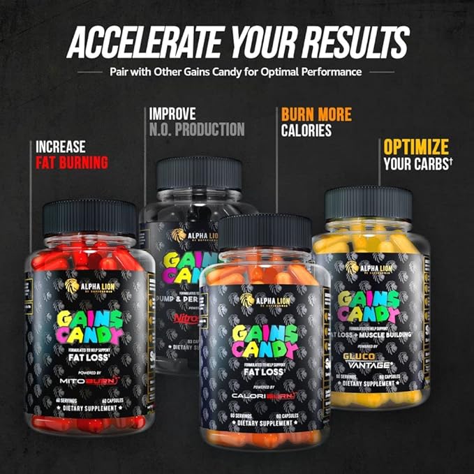 ALPHA LION Gains Candy Supplement Pills for Muscle Growth Size &amp Strength Nitric Oxide Booster Muscle Builder Use Daily to Upgrade Energy &amp Workout Performance 60 Capsules (RipFACTOR®)