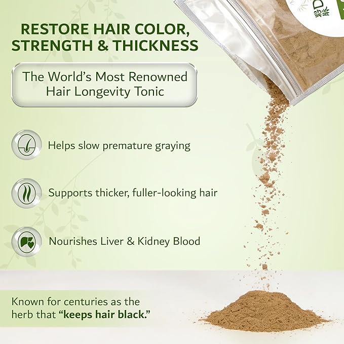 Dimmak Herbs Organic Prepared He Shou Wu Powder (Fo-Ti Root)- Traditional Black Bean Cured Tonic for Hair Thickness Graying &amp Jing Vitality- Polygonum Multiflorum Safe &amp Potent (4oz)