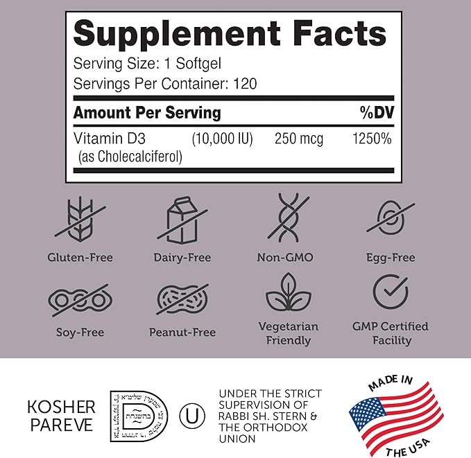 Zahler - Advanced Vitamin D3 10000 IU Softgels (120 Count) Kosher Vegetarian Friendly Vitamin D for Immune Support Bone Teeth &amp Muscle Health - Daily D3 Vitamin Supplement for Adults - Easy Swa