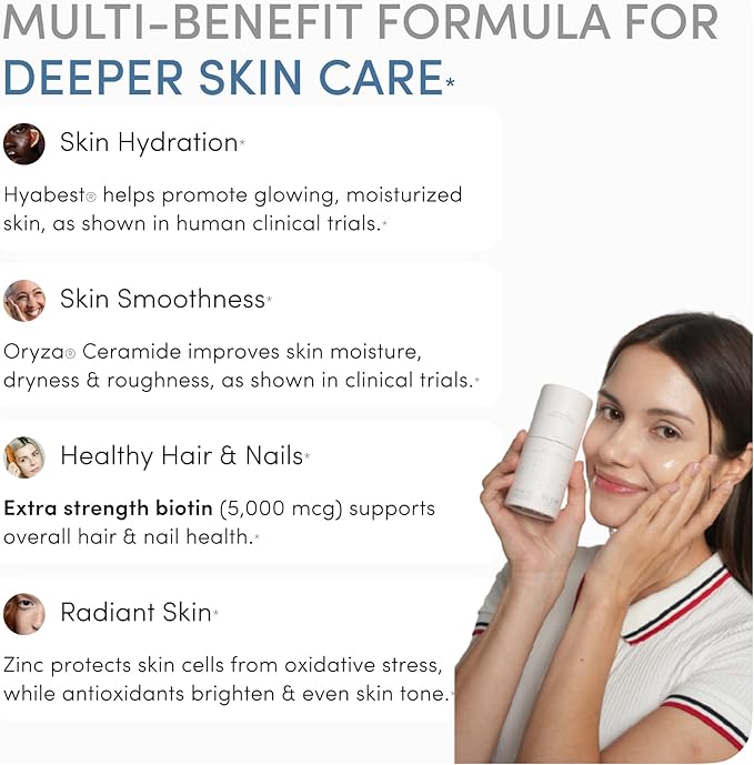 GLOW Anti Aging Supplement - Hyabest® Hyaluronic Acid Phytoceramides 5000 mcg Biotin Vitamin A C E Zinc - Hair Skin Nails Vitamins for Women &amp Men - Wrinkles &amp Skin Hydration - 60 Capsul