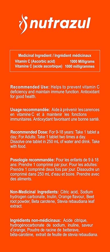 nutrazul Vitamin C 1000mg Effervescent Tablets VIT C Supplement to Help Maintain Immune Function Gluten-Free Lactose-Free Sugar-Free Preservative-Free Orange Flavor 20 Count Pack of 3
