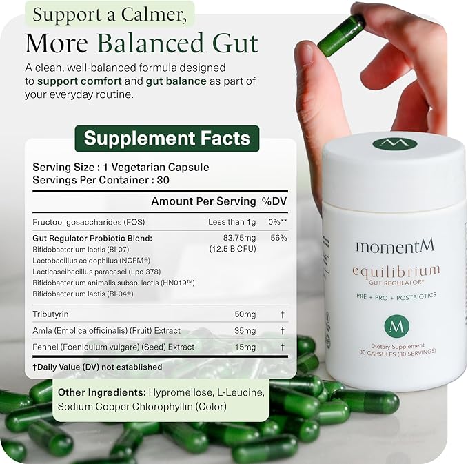 momentM Equilibrium 3-in-1 Probiotics for Women &amp Men Digestive Health Prebiotics and Probiotics for Women with HOWARU Strains Postbiotics &amp Fennel for Bloat &amp Gut Health12.5B CFU 30 C
