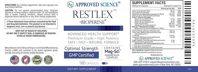 Approved Science Restlex - 420 mg Magnesium Glycinate Blend L-theanine 200 mg - 360 Capsules - 2 Bottles