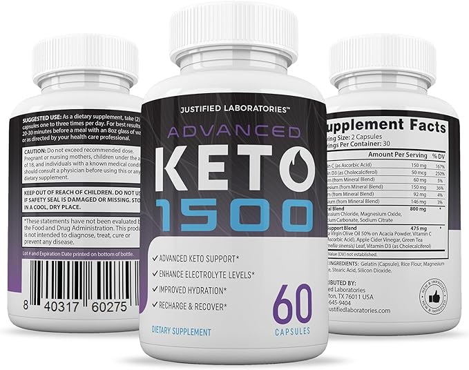 (3 Pack) Advanced Keto 1500 Keto Pills 1275MG New &amp Improved Formula Contains Apple Cider Vinegar Extra Virgin Olive Oil Powder Green Tea Leaf 180 Capsules