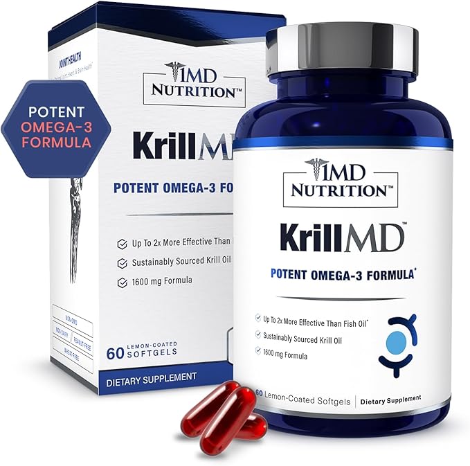 1MD Nutrition KrillMD - Antarctic Krill Oil Omega 3 Supplement with Astaxanthin EPA DHA | 2X More Effective Than Fish Oil | 60 Softgels