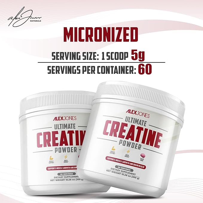 Ultimate Creatine Powder by Alex Jones – Micronized Creatine Monohydrate 5g Per Scoop Unflavored – Supports Strength &amp Daily Energy – 300g (60 Servings)