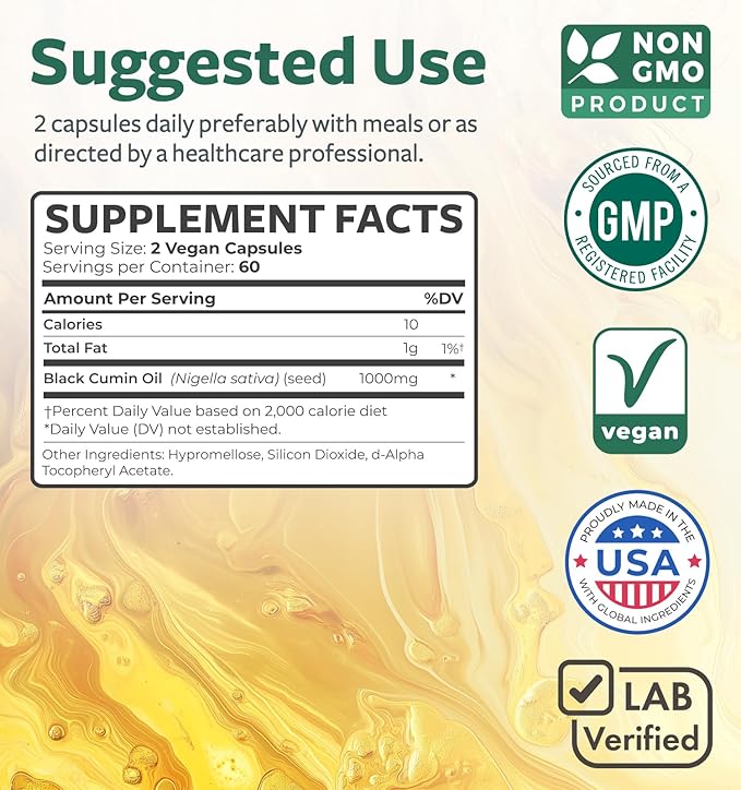 Black Seed Oil - 120 Softgel Capsules Skin Health (Non-GMO &amp Vegan) Cold-Pressed Nigella Sativa Producing Pure Black Cumin Seed Oil with Vitamin E - 500mg Each 1000mg Per 2 Capsule Serving
