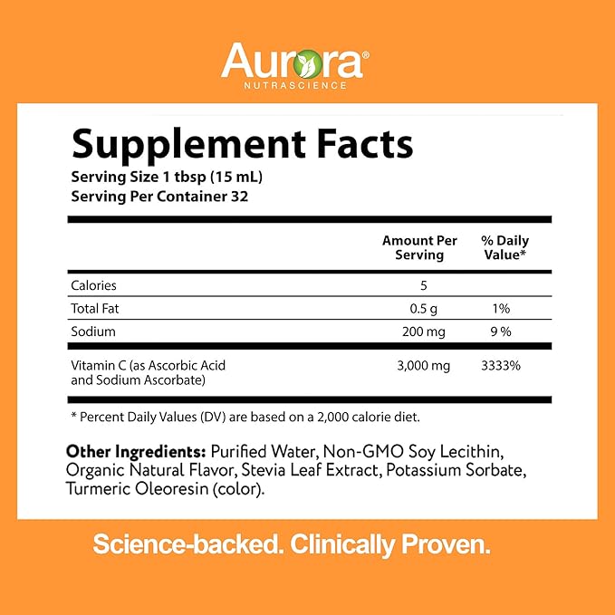 Vida Lifescience Aurora Nutrascience Mega-Pack Liposomal Vitamin C Immune Support 3000 mg per Serving Vegan Gluten Free Non-GMO 32 Single Serve Packets Orange