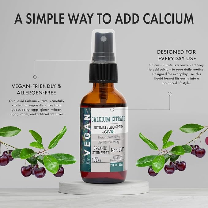 Liquid Calcium Citrate 1000mg &amp Raw Vitamin C 150mg Liquid Spray Mist for Easy Absorption Wild Cherry &amp BlackBerry Flavor Calcium Supplement Non-GMO Gluten Free Sugar-Free 2oz (60ml)