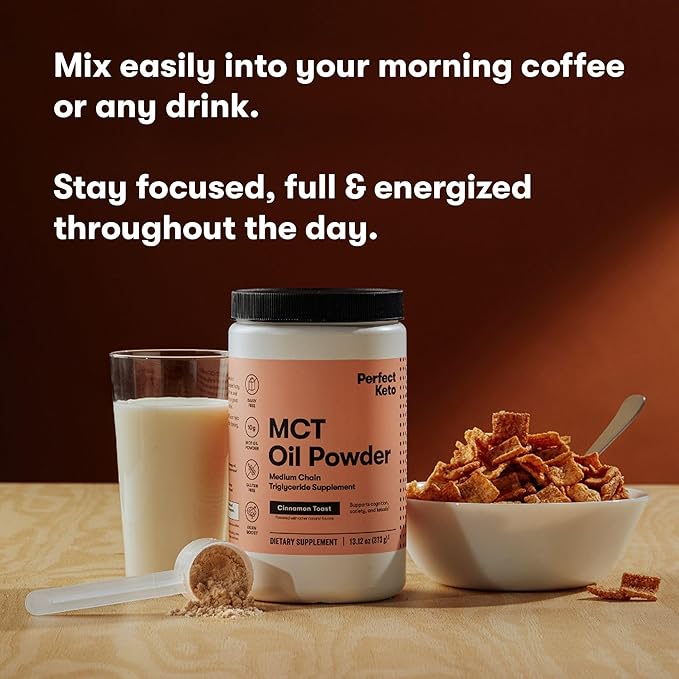 Perfect Keto 7g MCT Oil Powder Medium Chain Triglycerides Supplement Non Dairy Coffee Creamer for Keto Diet Ketogenic MCT Oil Mix for Coffee Smoothie Protein Shakes Cinnamon Toast 30 Servings