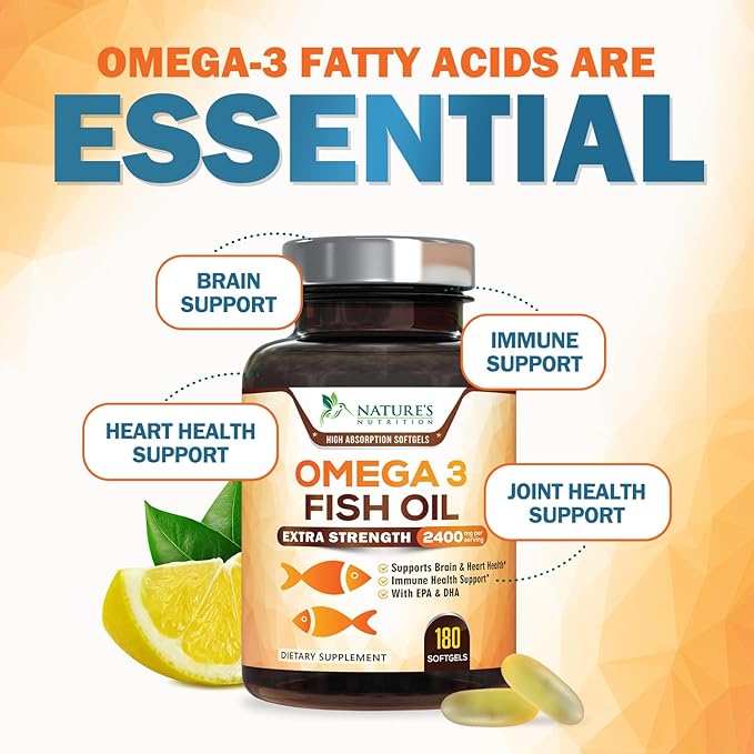 Omega 3 Fish Oil Supplements - 2400mg Fish Oil Per Serving - Triple Strength Omega-3 with EPA &amp DHA Fatty Acids - Natural Heart Brain &amp Immune Support - Wild Caught Bottled in USA - 180 Soft